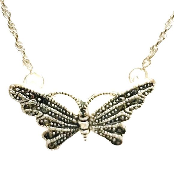 Marcasite Butterfly Dainty Chain Silver Necklace - Picture 1 of 15
